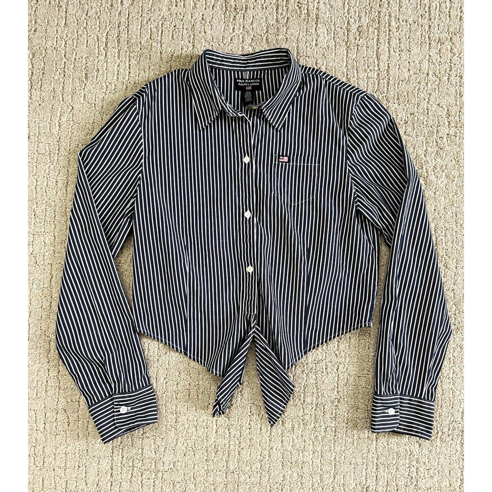 Vintage Polo Jeans Co Ralph Lauren Womens M Navy Stripe Tie Front Shirt Y2K